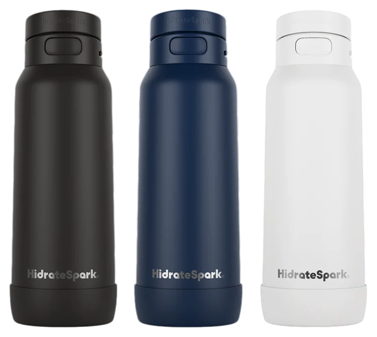 HidrateSpark PRO 2 smart bottles in black, navy, and white