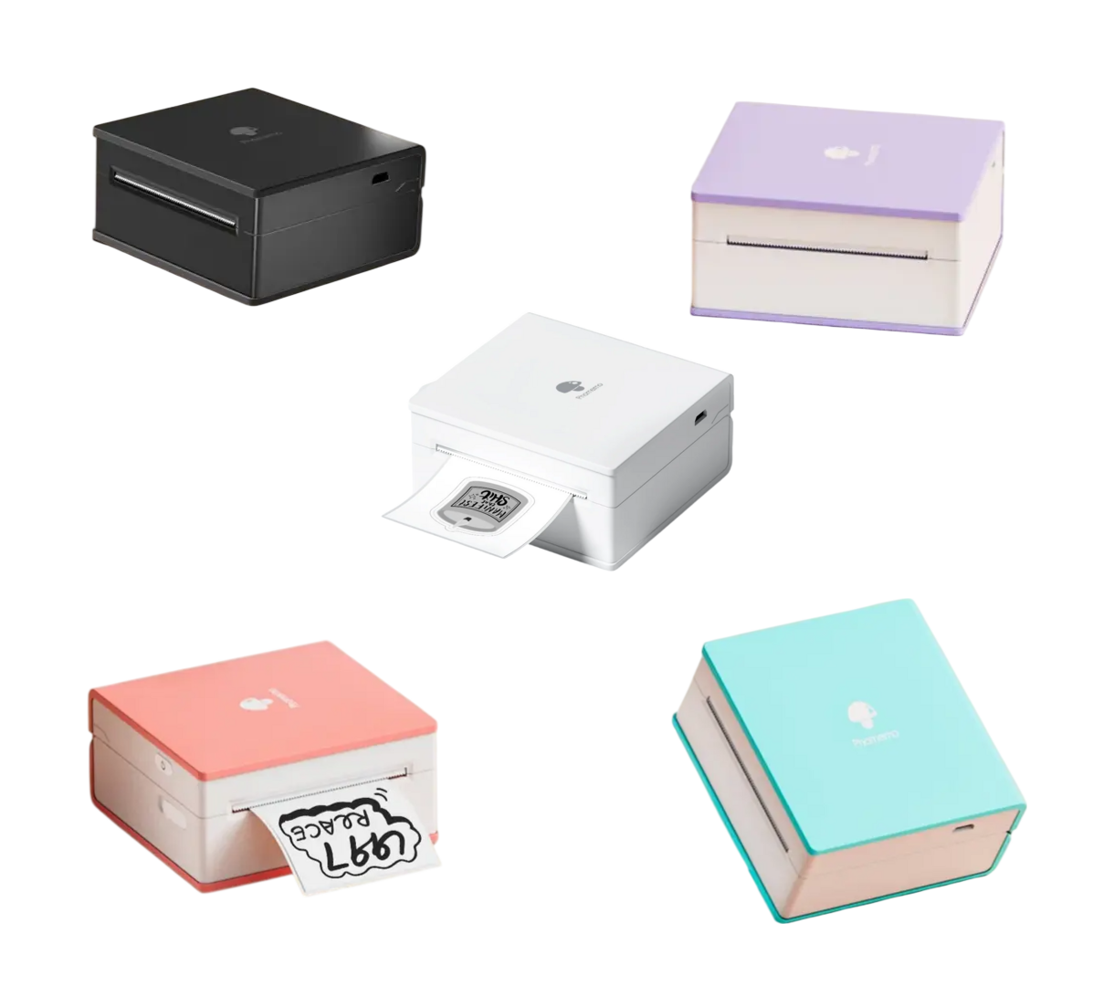 Phomemo M02 inkless mini printers in black, white, coral, lavender and cyan