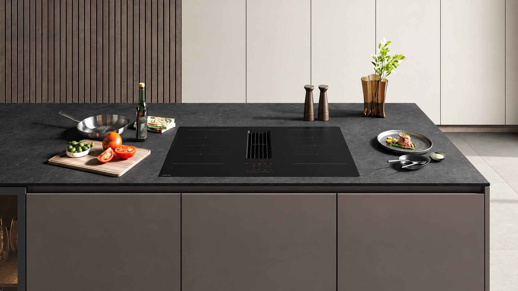 Samsung Extractor Induction Hob installed flush in a modern kitchen island